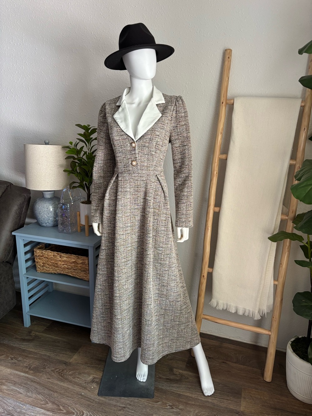 Wool-Blend Tweed Maxi Dress with White Contrast Collar